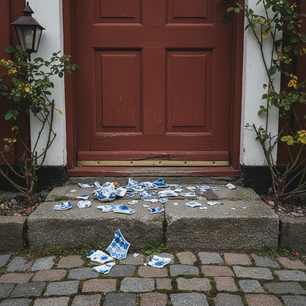 Zerbrochenes Porzellan vor einer dänischen Haustür