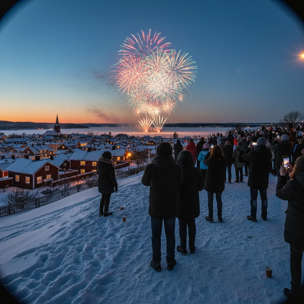Silvesterfeuerwerk über einer verschneiten finnischen Stadt