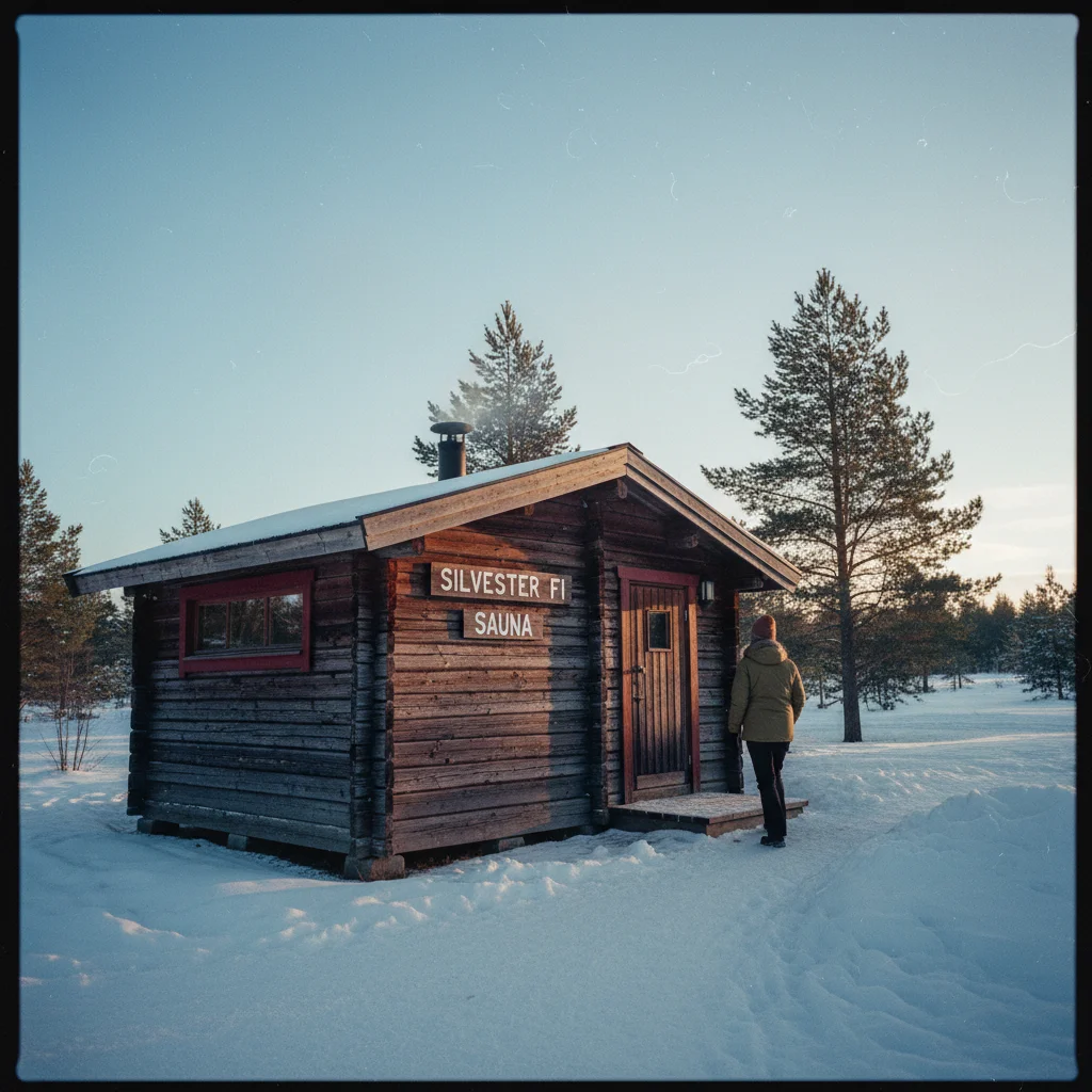 Finnische Sauna im Winterabend mit Dampf und Schnee