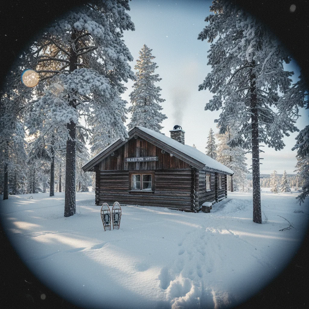 Norwegische Hytte im Schnee an Silvester mit Kerzenlicht