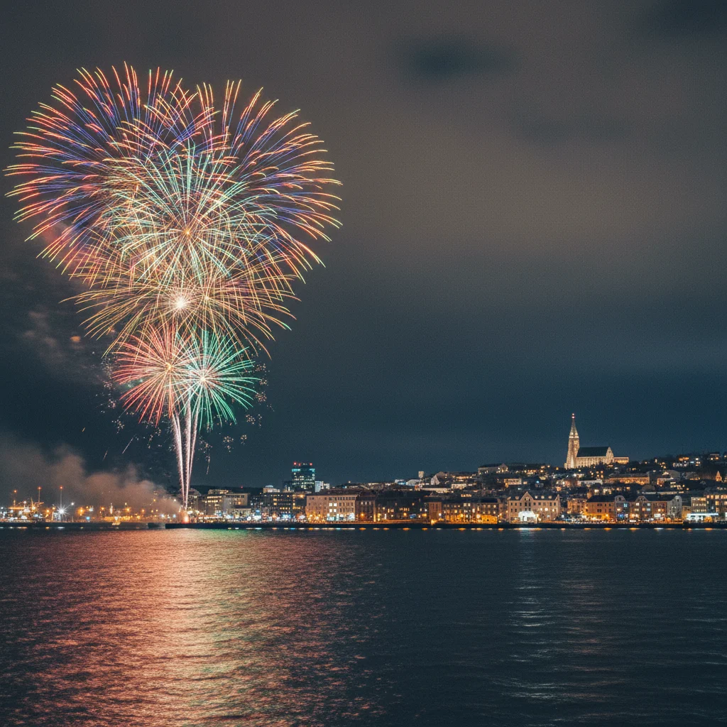 Feuerwerk über dem Hafen von Reykjavík an Silvester mit Stadtlichtern