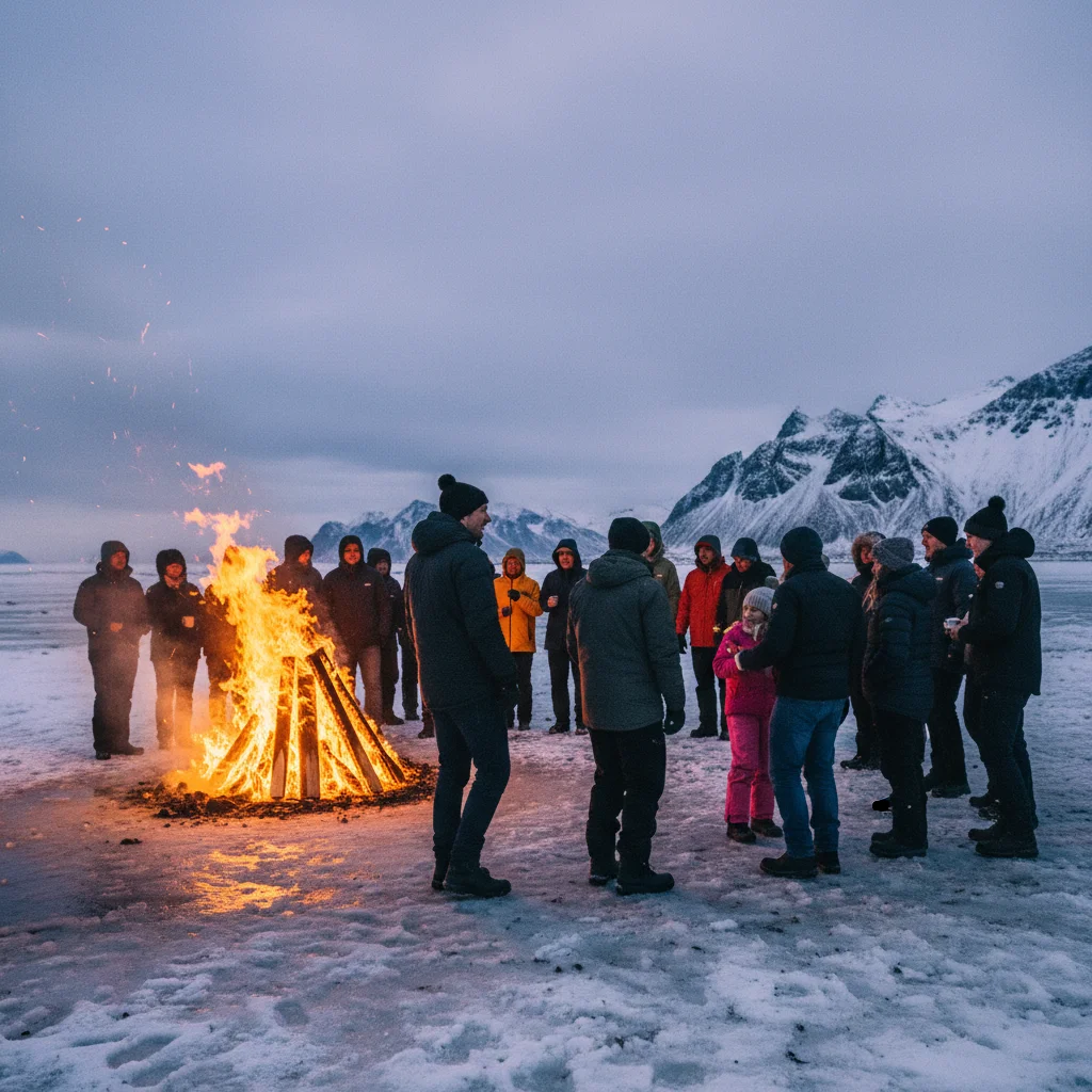 Großes Lagerfeuer an Silvester auf Island mit Menschen drumherum
