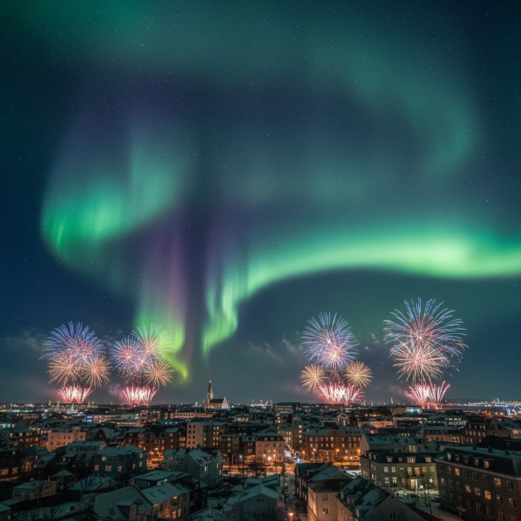 Nordlichter über Reykjavík mit Feuerwerk am Silvesterabend