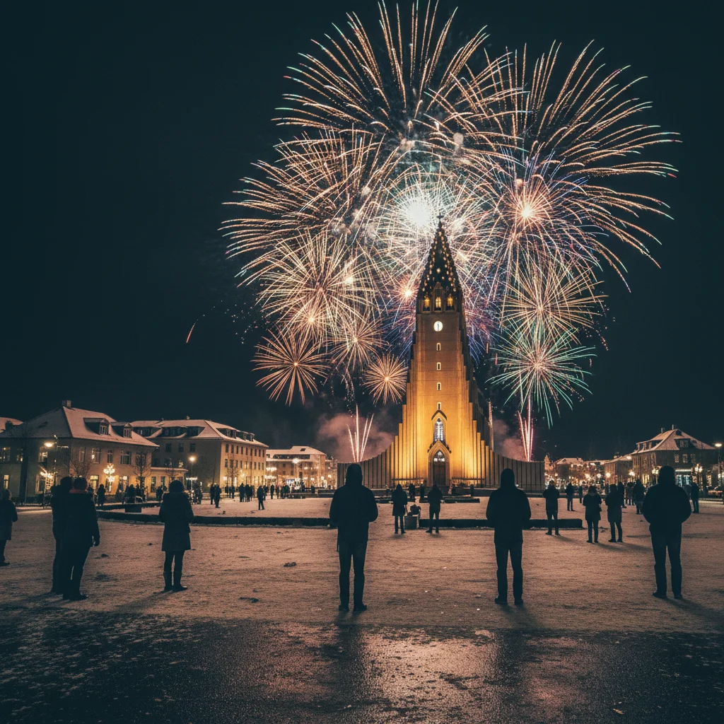 Reykjavík bei Nacht an Silvester mit Hallgrímskirkja und Feuerwerk