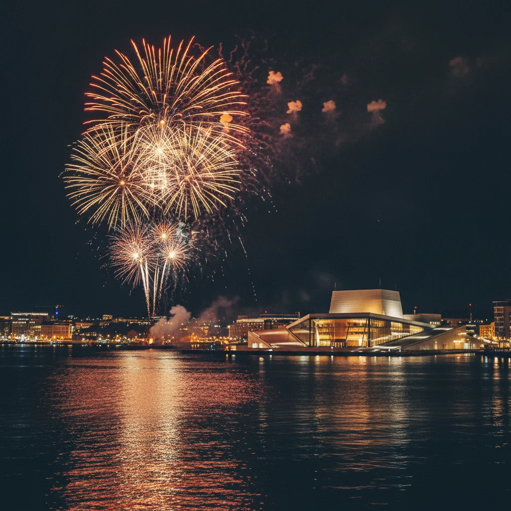Feuerwerk über dem Oslofjord an Silvester mit der beleuchteten Osloer Oper