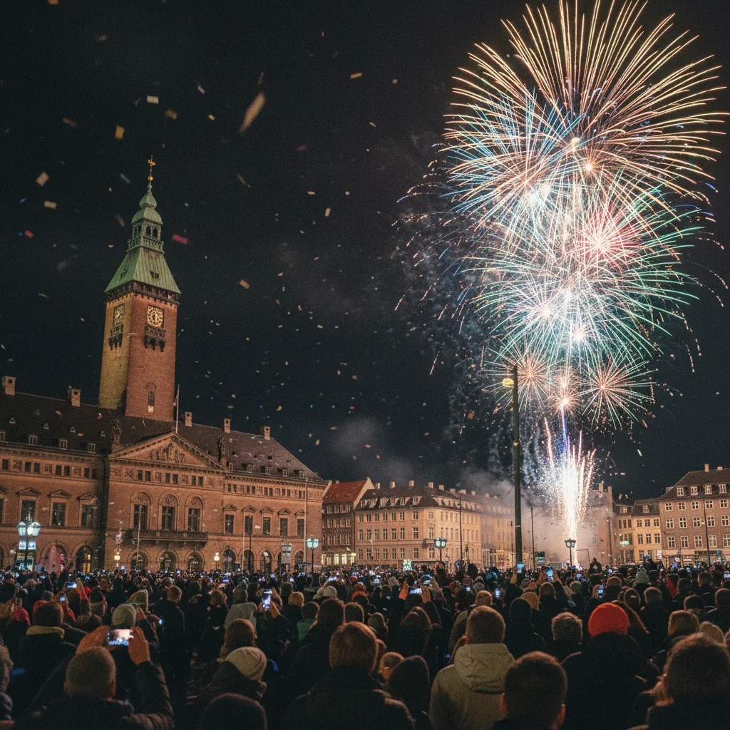 Feuerwerk über dem Kopenhagener Rathausplatz an Silvester mit Menschenmenge