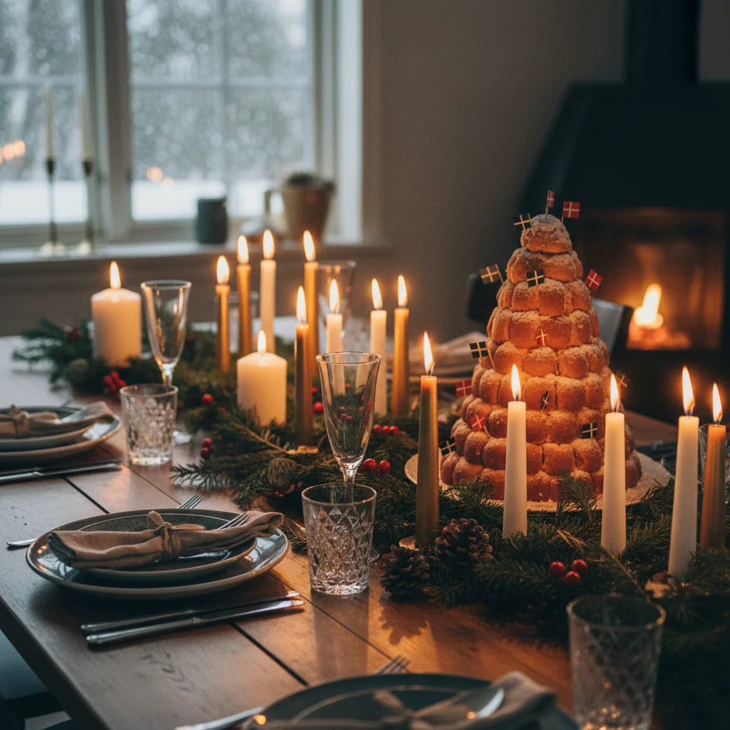 Festlich gedeckter Silvestertisch mit Kransekage und Kerzen