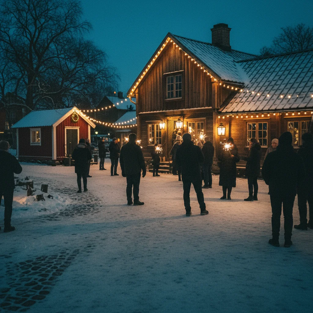 Silvesterfeier im Freilichtmuseum Skansen in Stockholm mit beleuchteten historischen Gebäuden