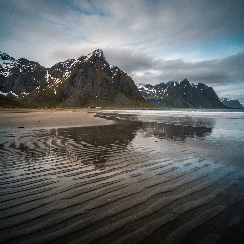 Skagsanden Strand mit dunklen Sandmustern und Bergen im Hintergrund