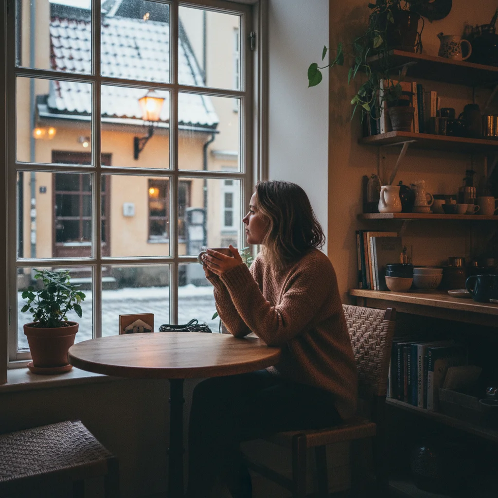 Person sitzt allein in einem gemütlichen Café in einer skandinavischen Altstadt