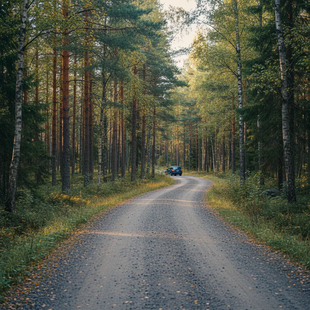Landstraße durch einen skandinavischen Wald