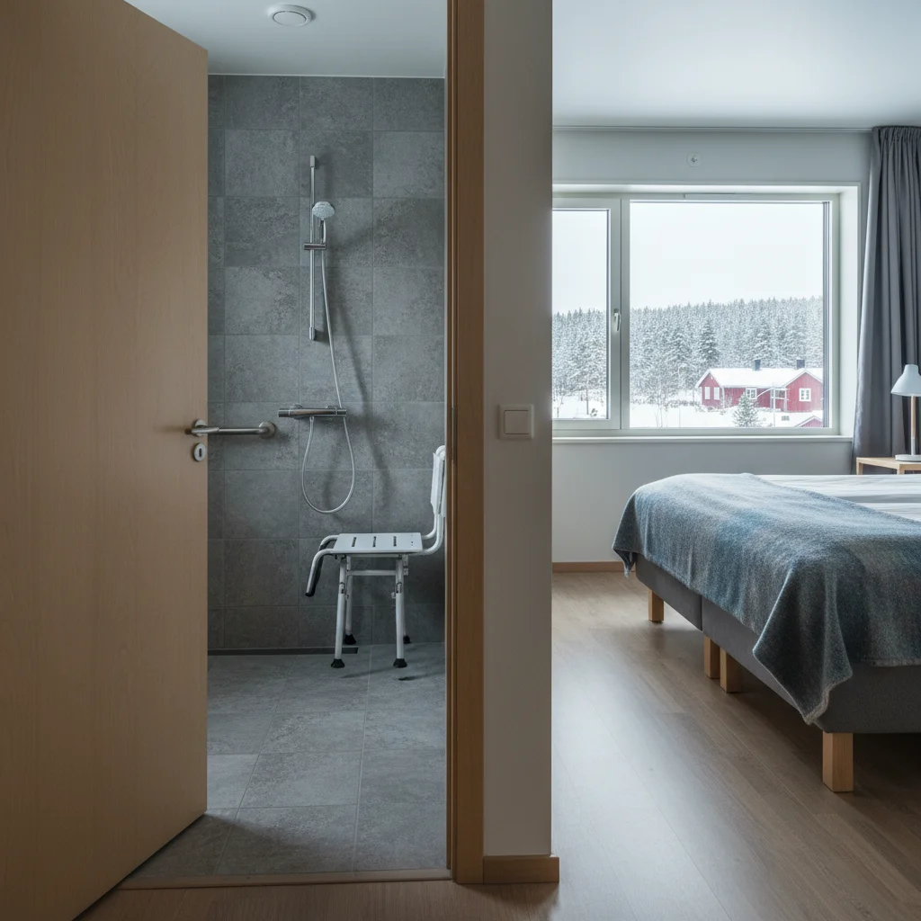 Rollstuhlgerechtes Hotelzimmer in Skandinavien mit breiter Tür und ebenerdiger Dusche
