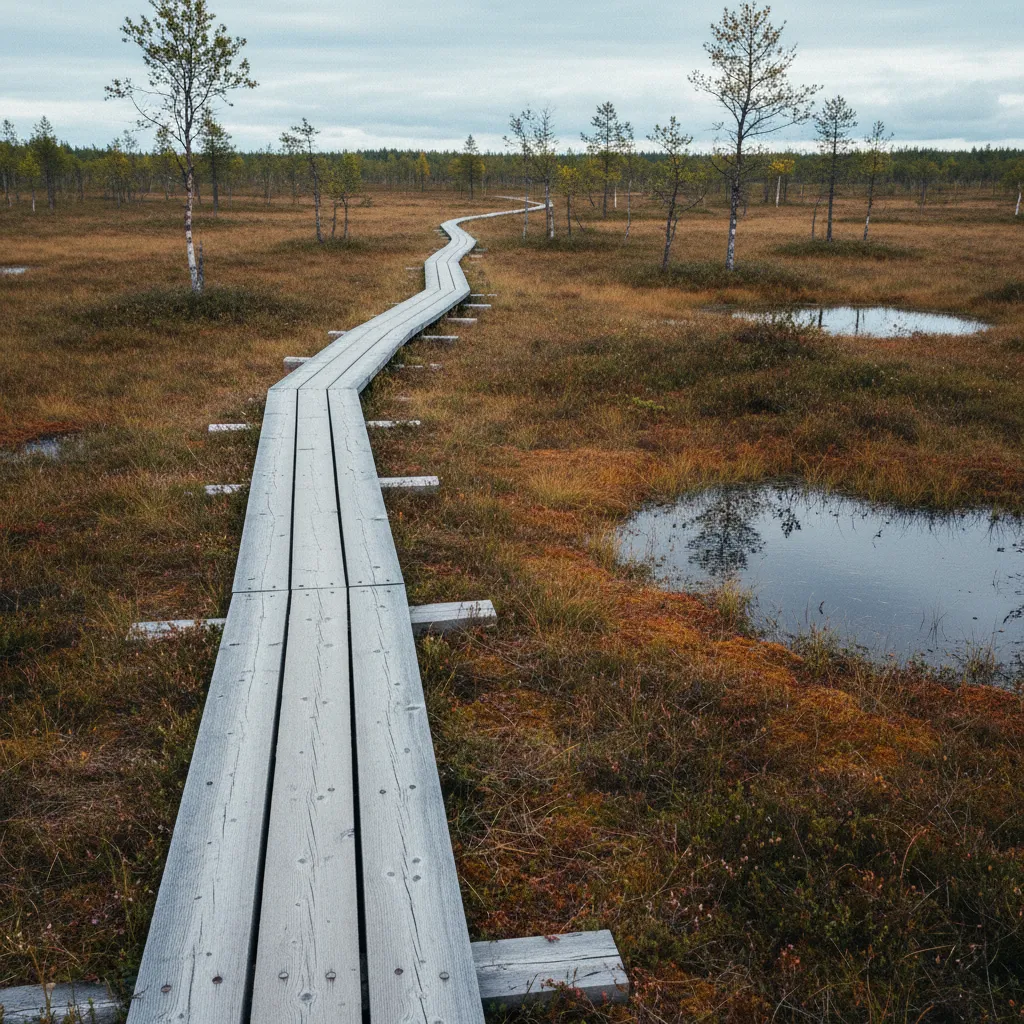 Barrierefreier Holzbohlenweg durch eine skandinavische Moorlandschaft
