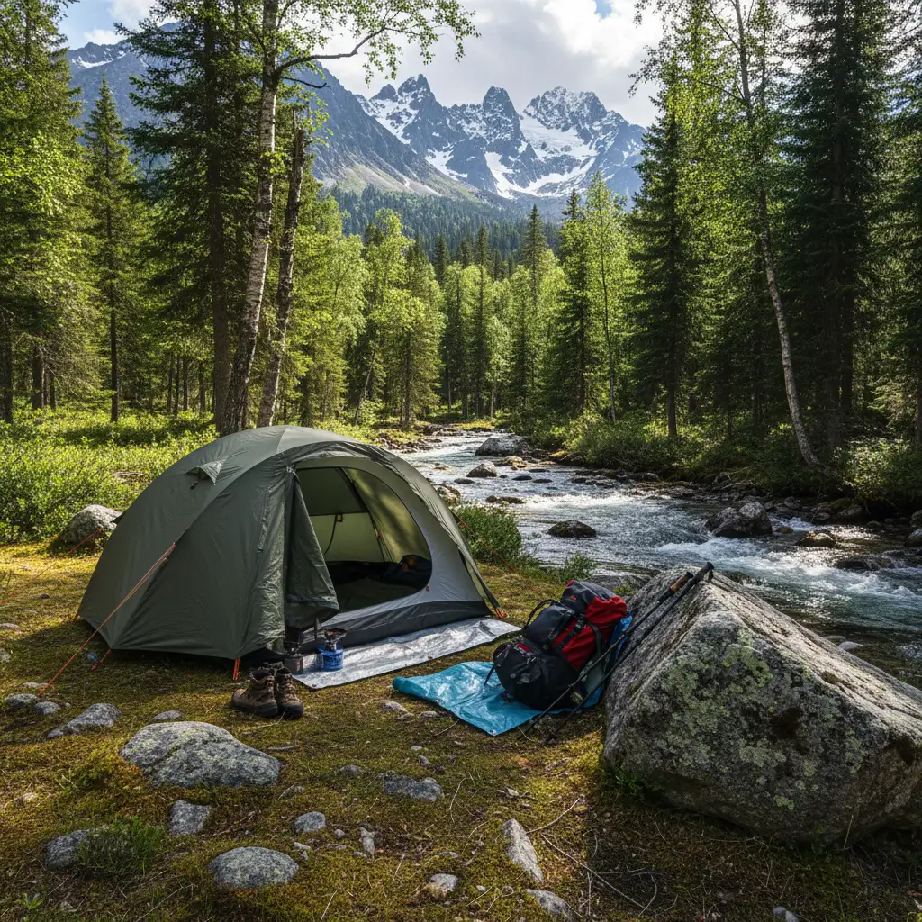 Camping-Ausrüstung aufgebaut in der skandinavischen Natur