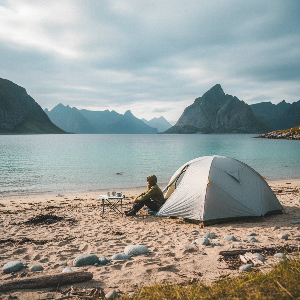 Camping am Strand auf den Lofoten in Norwegen