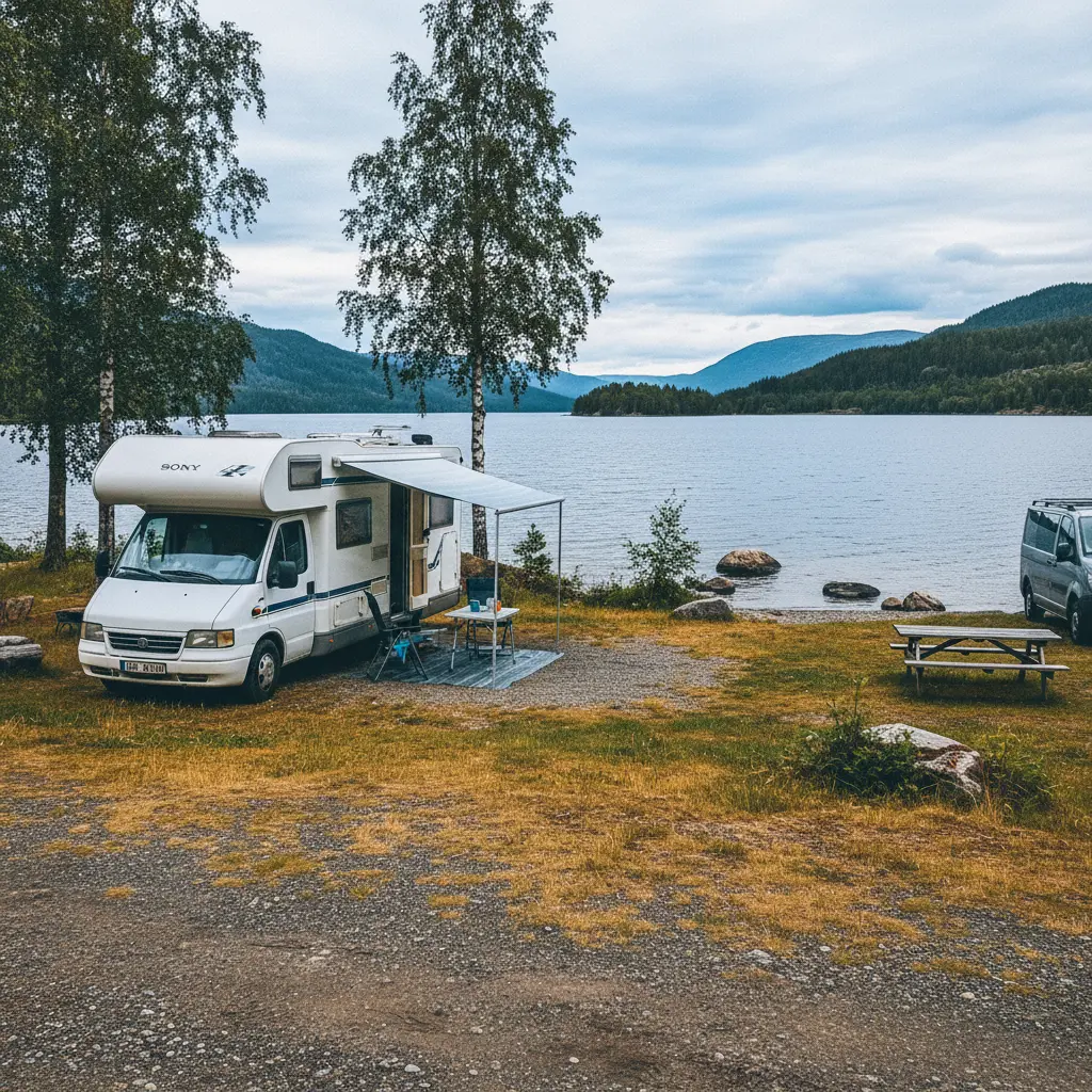 Wohnmobil auf einem skandinavischen Stellplatz am See