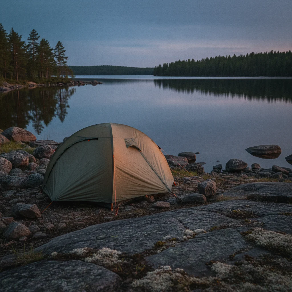 Zelt an einem schwedischen See in der Abenddämmerung