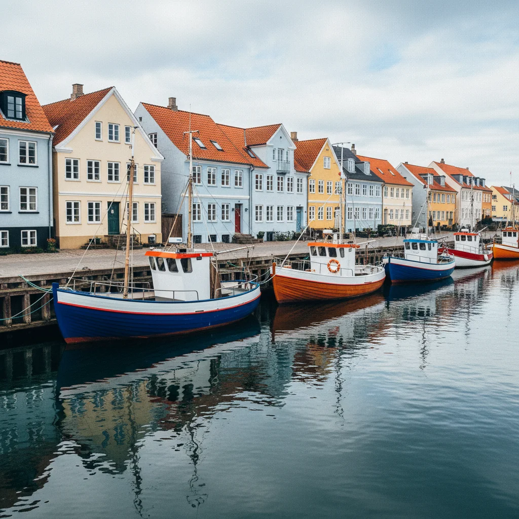 Kleiner dänischer Inselhafen mit bunten Booten und Fachwerkhäusern