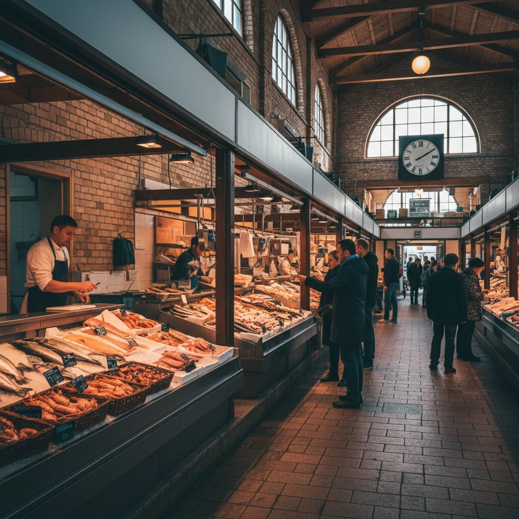Innenansicht der Alten Markthalle in Helsinki mit Fischständen