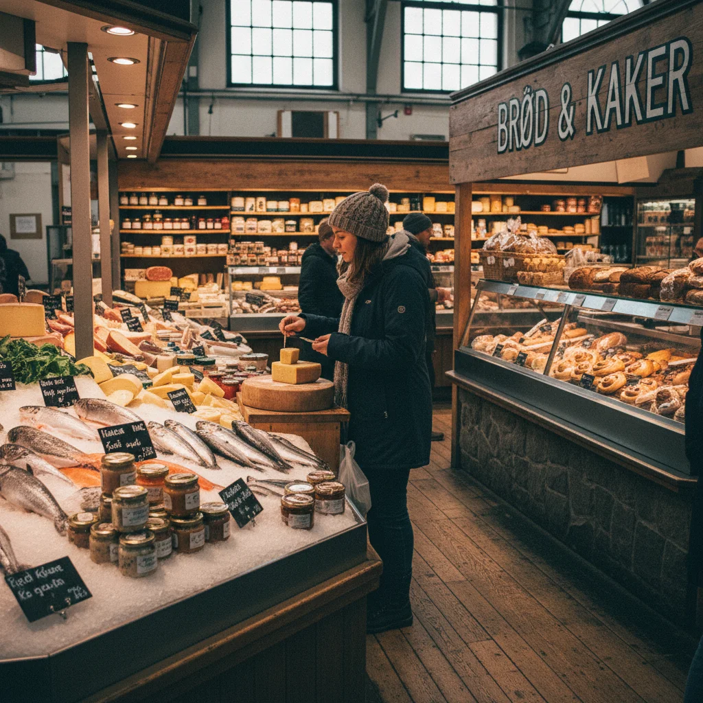 Markthalle mit frischen skandinavischen Lebensmitteln und Delikatessen
