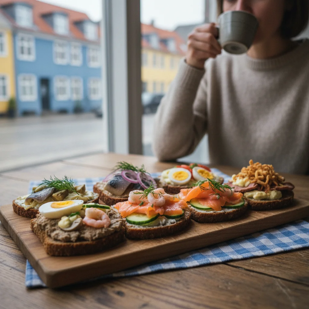 Traditionelles dänisches Smørrebrød auf einer Holzplatte serviert