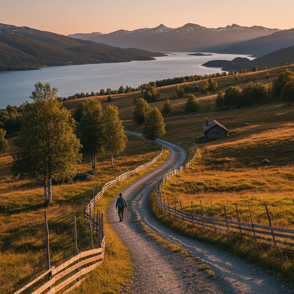 Skandinavische Landschaft im warmen Licht der tief stehenden Sonne