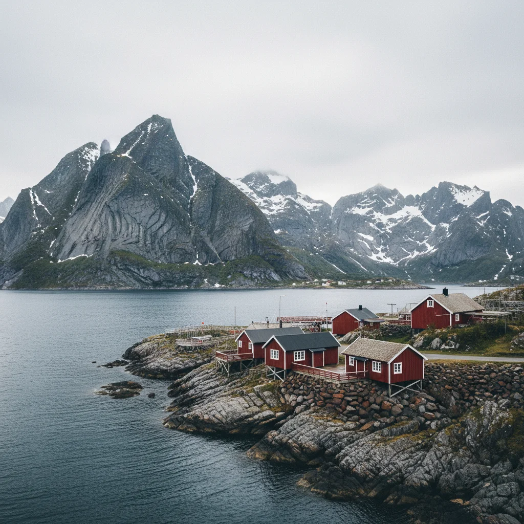 Rote Rorbu-Hütten in Reine auf den Lofoten vor Bergpanorama