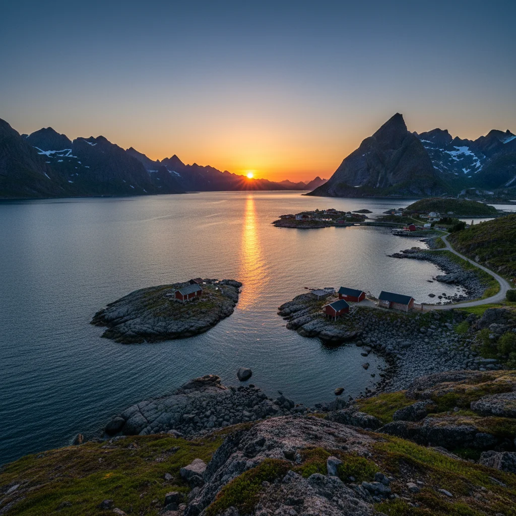 Mitternachtssonne über einer norwegischen Küstenlandschaft