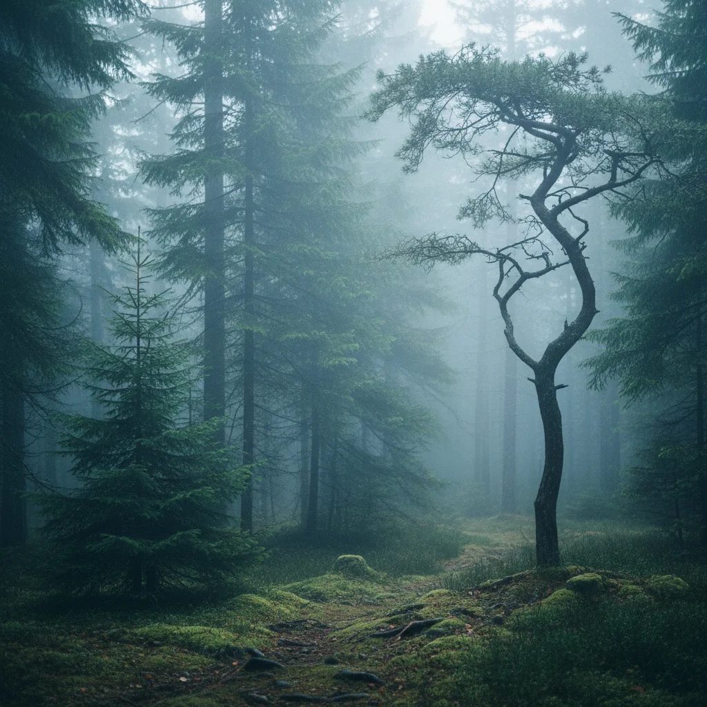 Nebel zwischen Bäumen in einem skandinavischen Nadelwald