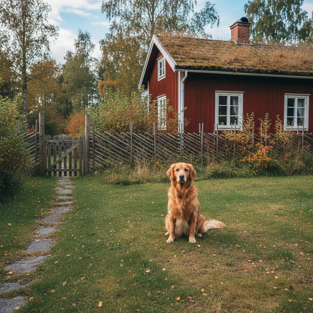 Hund im Garten eines skandinavischen Ferienhauses