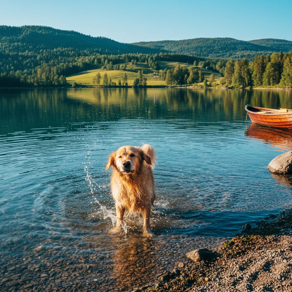 Hund am See in Skandinavien im Sommer