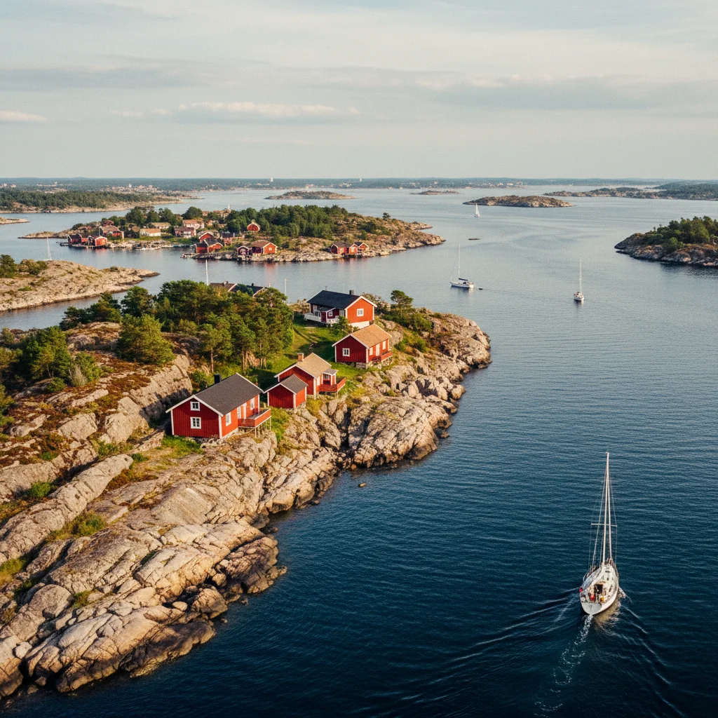 Blick über Schäreninseln mit roten Holzhäusern und Segelbooten