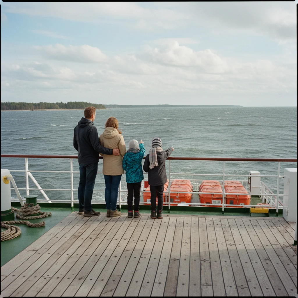 Familie auf dem Deck einer Ostseefähre mit Blick aufs Meer