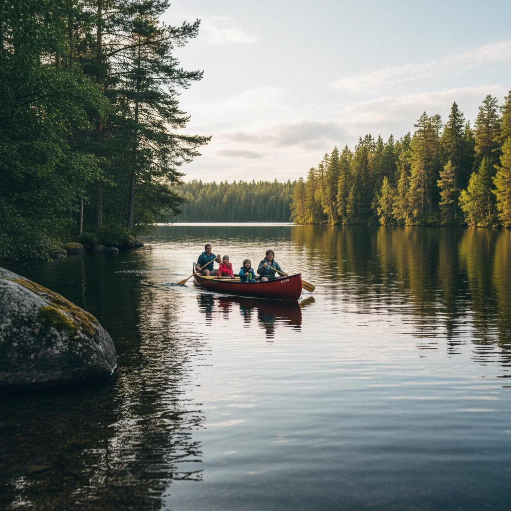 Familie paddelt in einem Kanu auf einem schwedischen See umgeben von Wald
