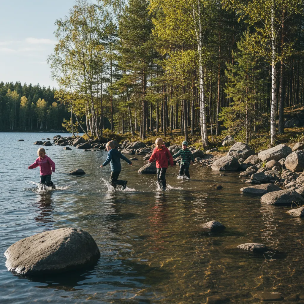 Kinder spielen an einem skandinavischen See zwischen Birken und Felsen