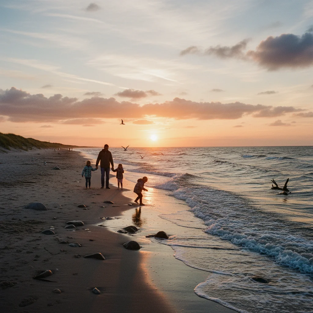 Familie mit Kindern an einem dänischen Nordseestrand bei Sonnenuntergang
