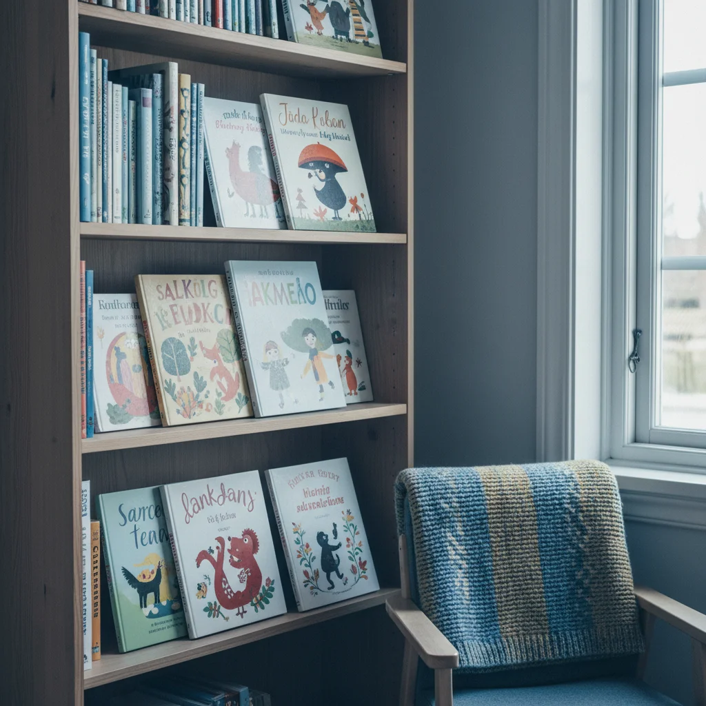 Bücherregal mit skandinavischen Kinderbüchern und bunten Illustrationen