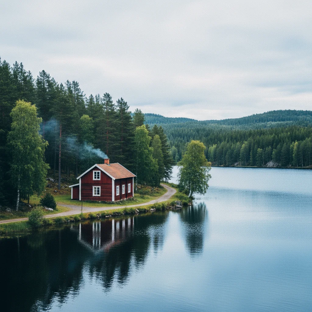 Typische småländische Landschaft mit rotem Holzhaus und See