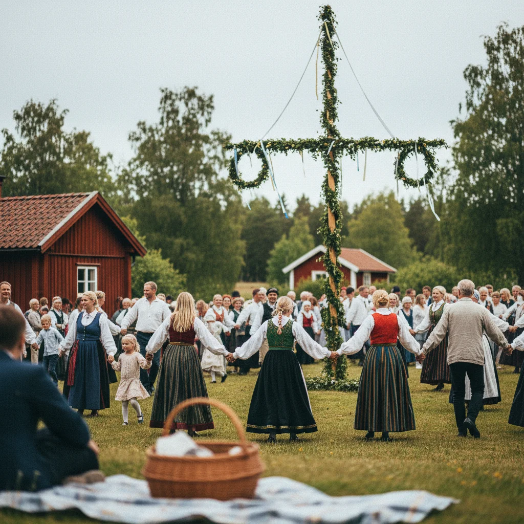 Midsommar-Feier mit geschmückter Maistange in Schweden