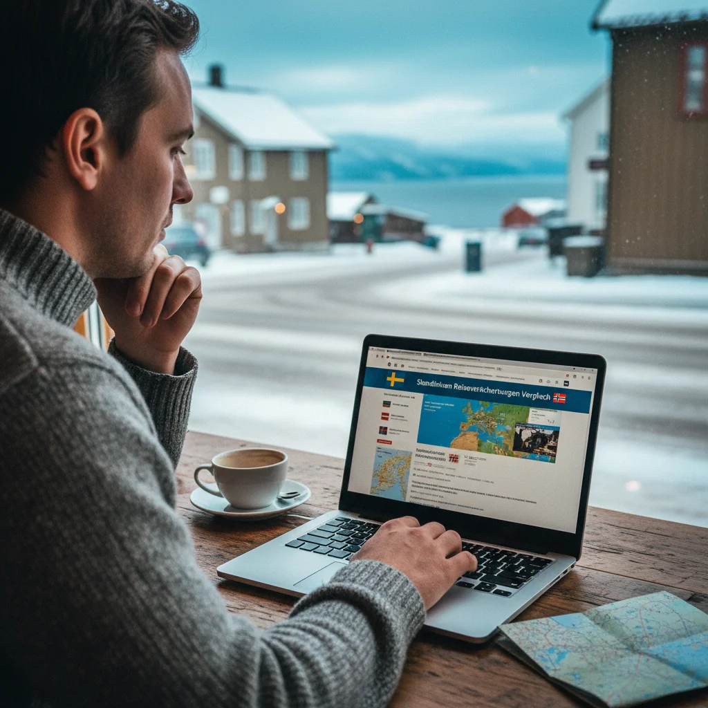 Person am Laptop vergleicht Reiseversicherungen für Skandinavien