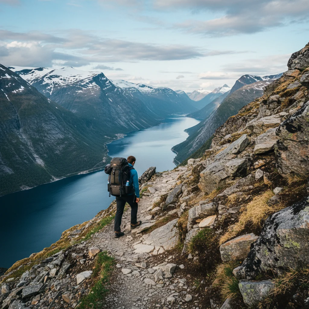 Wanderer auf einem schmalen Bergpfad in Norwegen mit Rucksack