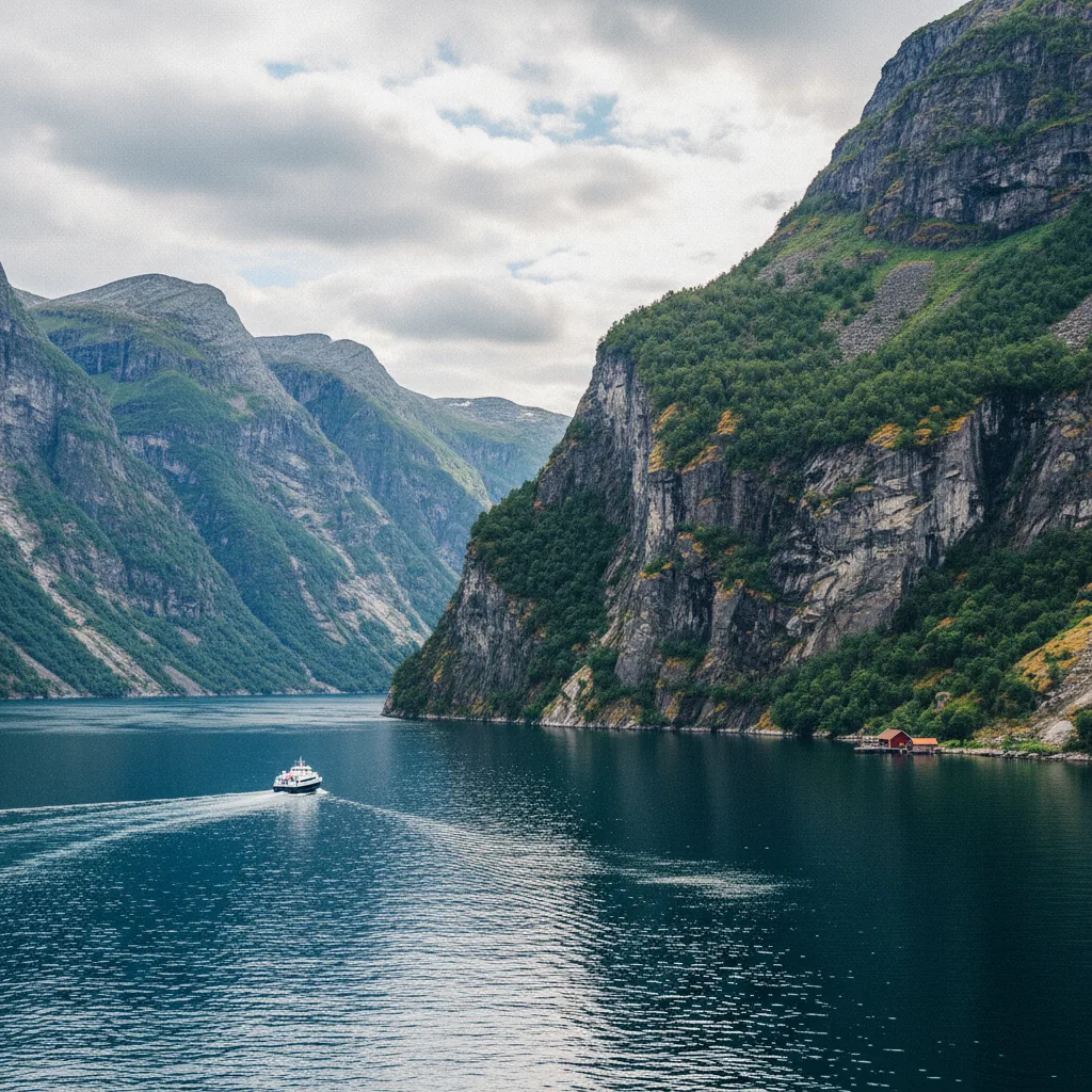 Norwegischer Fjord mit steilen Felswänden und blauem Wasser