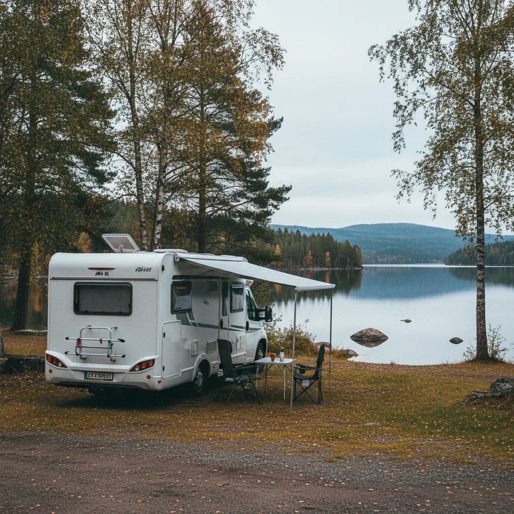 Wohnmobil auf einem skandinavischen Campingplatz am See