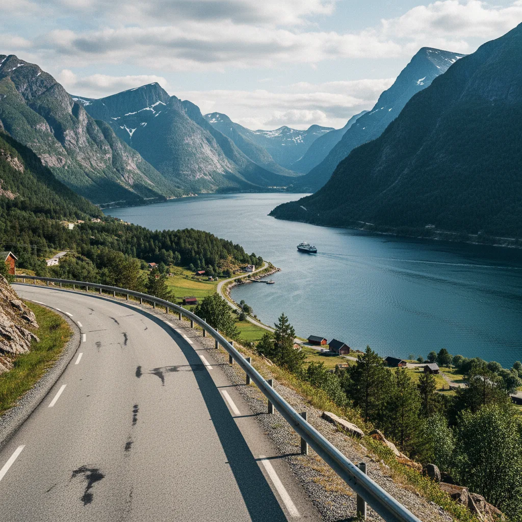 Küstenstraße in Skandinavien mit Blick auf Fjorde