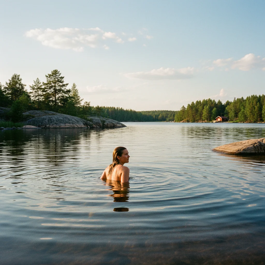 Baden in einem schwedischen See im Sommer
