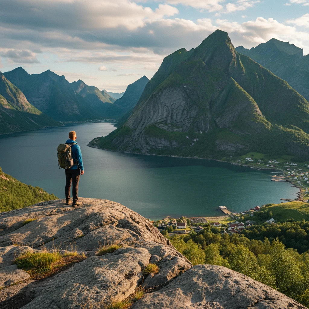 Wanderer an einem norwegischen Fjord im Sommer