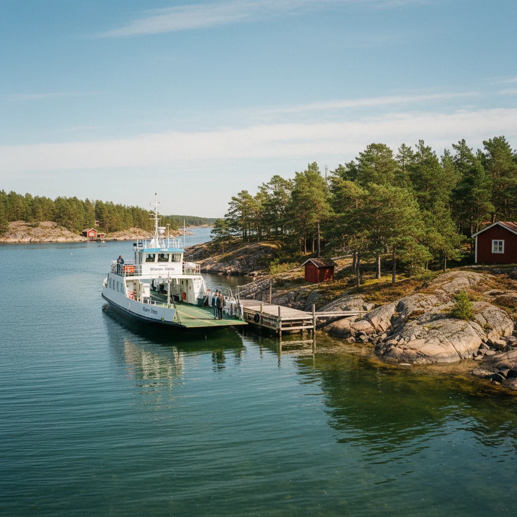 Kleine Fähre legt an einer Schäreninsel im Turku-Archipel an