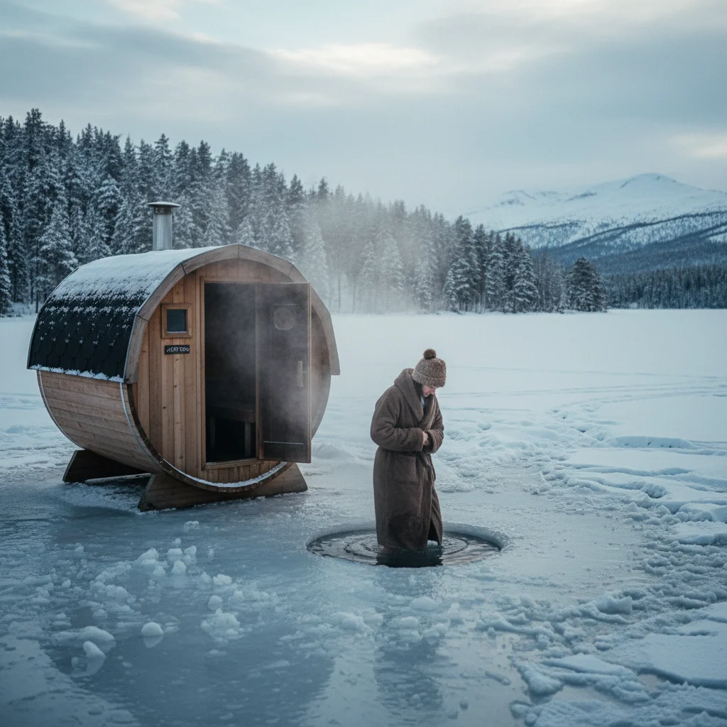 Person steigt im Winter in ein Eisloch neben einer Sauna