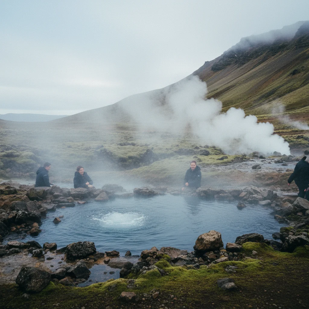 Natürlicher Hot Pot auf Island mit Dampf und Bergkulisse