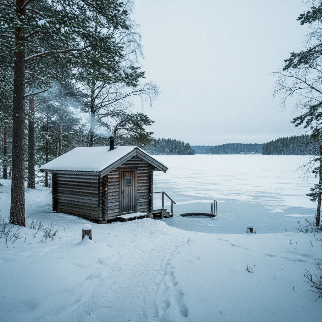 Holzsauna am Ufer eines skandinavischen Sees im Winter